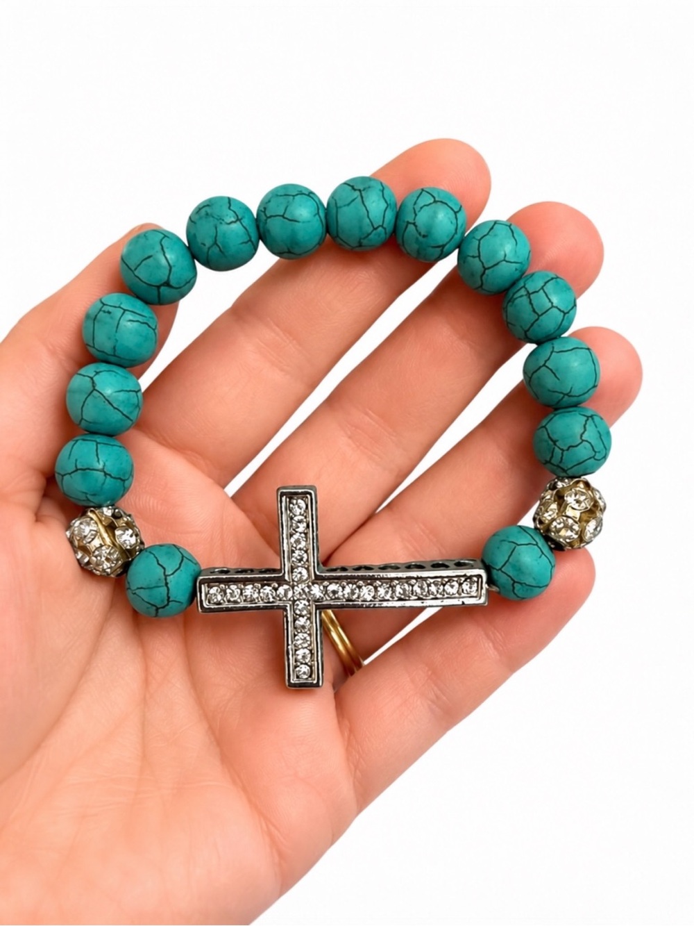 Turquoise Beaded Stretch Bracelet Sideways Rhinestone Cross Boho Western
